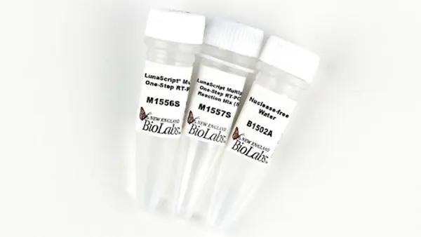 LunaScript Multiplex One-Step RT-PCR Reaction Mix tubes from New England BioLabs — M1556S, M1557S, and Nuclease-free Water B1502A