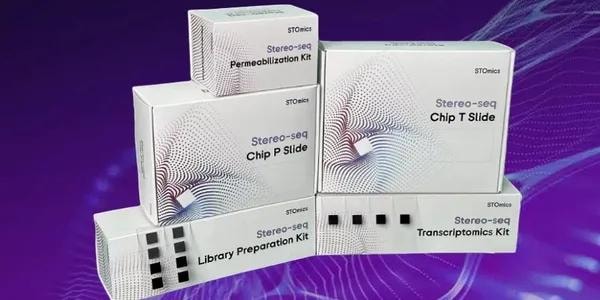 STOmics product kits including Stereo-seq Permeabilization Kit, Chip P Slide, Library Preparation Kit, Chip T Slide and Transcriptomics Kit